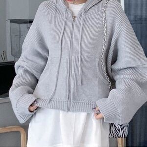 Oversize Hooded Zipper Knit Jacket in color black